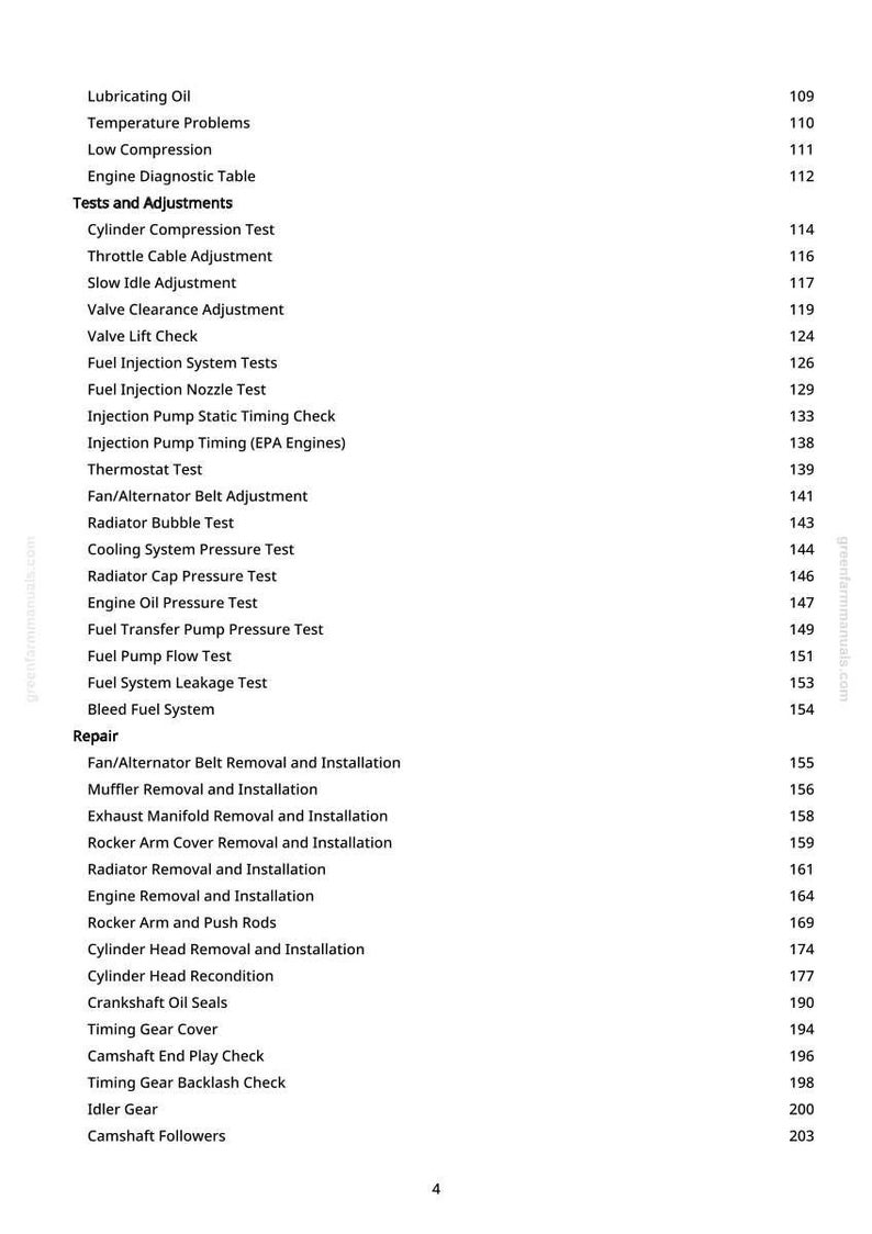 May include: A page from a manual with a list of automotive repair topics. The topics include tests, adjustments, and repair procedures for various engine components, such as the fuel system, radiator, and cylinder head.