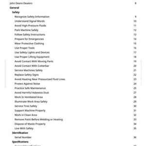 May include: A white page with a black table of contents for a manual. The table lists safety topics, including avoiding high-pressure fluids and wearing protective clothing. Page numbers are listed on the right.