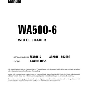 May include: A white shop manual with black text. The title "WA500-6 WHEEL LOADER" is prominently displayed. Additional text includes serial numbers, engine details, and copyright information. The manual is from November 2010 and printed in the USA.