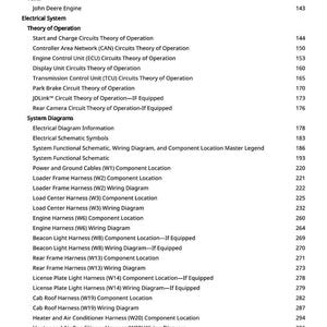 May include: A white printed page with a detailed table of contents for an electrical system, including diagrams, harnesses, and component locations. The document covers topics like engine control and park brake circuits.