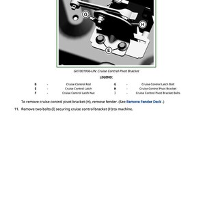 May include: Diagram of a cruise control pivot bracket assembly. The image includes a detailed view of the bracket, bolts, and related components, with labels for each part. Text at the bottom provides instructions for removal.