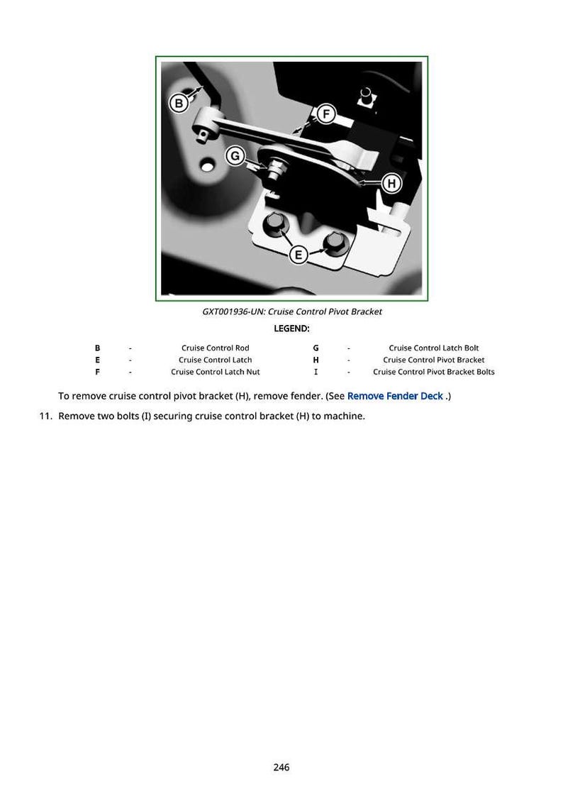 May include: Diagram of a cruise control pivot bracket assembly. The image includes a detailed view of the bracket, bolts, and related components, with labels for each part. Text at the bottom provides instructions for removal.