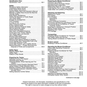May include: A detailed table of contents from a manual, listing safety, operation, and maintenance procedures. The document includes sections on tractor PTO speed, mower-conditioner operation, and safety signs.
