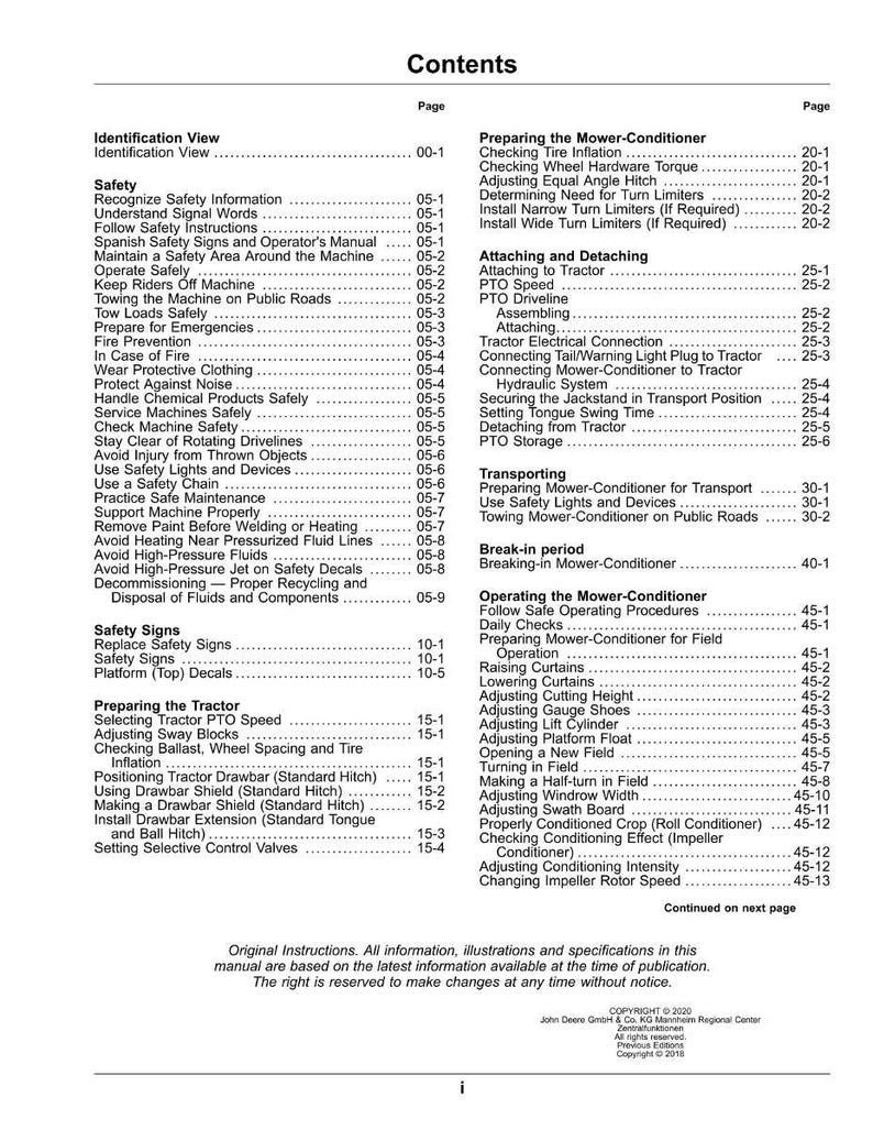 May include: A detailed table of contents from a manual, listing safety, operation, and maintenance procedures. The document includes sections on tractor PTO speed, mower-conditioner operation, and safety signs.