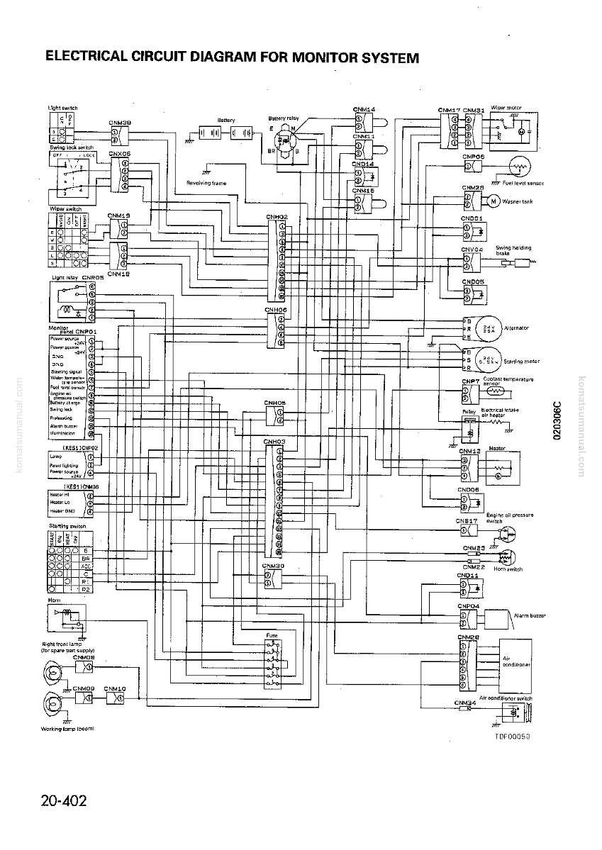 Op de afbeelding: Elektrisch schema voor een monitorsysteem, met een complex netwerk van lijnen, vakken en labels. Het schema bevat tekst zoals "Batterij", "Ruitenwisserschakelaar" en "Hoorn". De afbeelding bevat ook de tekst "20-402".