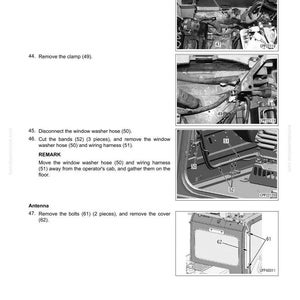 May include: Diagram from a manual showing the disassembly and assembly of an operator cab. Includes images of parts such as ducts, clamps, hoses, wiring harnesses, bolts, and covers. Text includes instructions and part numbers.