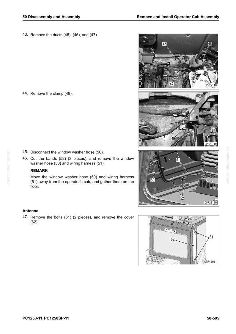 May include: Diagram from a manual showing the disassembly and assembly of an operator cab. Includes images of parts such as ducts, clamps, hoses, wiring harnesses, bolts, and covers. Text includes instructions and part numbers.