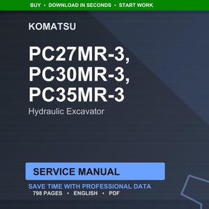 K&ouml;nnte beinhalten: Dunkelblaue Grafik mit wei&szlig;em Text. Der Text lautet "KOMATSU" &uuml;ber "PC27MR-3, PC30MR-3, PC35MR-3 Hydraulic Excavator". Darunter ein blaues Rechteck mit "SERVICE MANUAL" und weiteren Details.