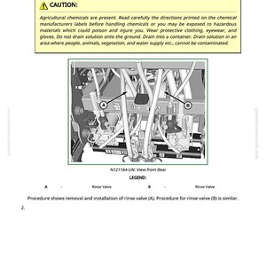 May include: Diagram illustrating the removal and installation of a high-volume rinse valve. The image includes a warning about agricultural chemicals and a detailed view from the rear, with labeled rinse valves.