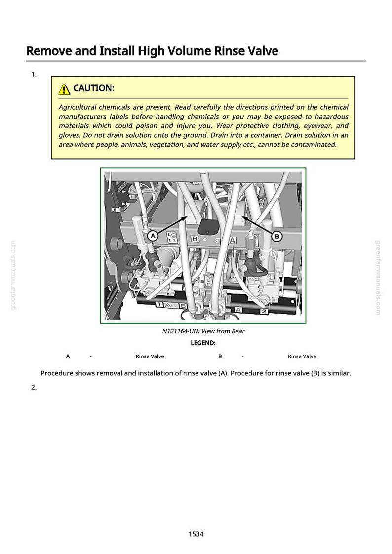 May include: Diagram illustrating the removal and installation of a high-volume rinse valve. The image includes a warning about agricultural chemicals and a detailed view from the rear, with labeled rinse valves.