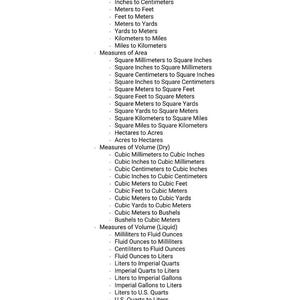 May include: A white paper with a list of measurement conversions, including length, area, volume, and mass. Conversions include inches to millimeters, meters to feet, and grams to ounces. The text is in black.