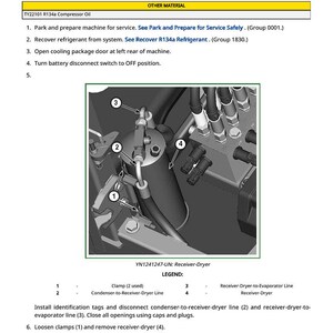May include: Diagram illustrating the removal and installation of a receiver-dryer, with labels for clamps, lines, and the receiver-dryer itself. The image includes text instructions and a legend for the components.