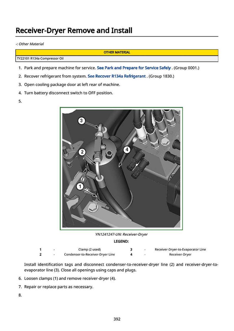 May include: Diagram illustrating the removal and installation of a receiver-dryer, with labels for clamps, lines, and the receiver-dryer itself. The image includes text instructions and a legend for the components.