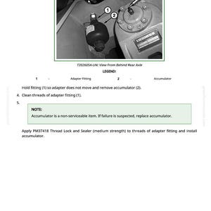 Pu&ograve; includere: Schema di un componente di una macchina con un raccordo adattatore e un accumulatore. L'immagine include etichette delle parti e istruzioni di manutenzione. Il testo recita "Vista da dietro l'asse posteriore".