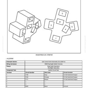 K&ouml;nnte beinhalten: Diagramm eines S06-Lichtschalters mit zwei 3D-Darstellungen und einer Tabelle mit Verdrahtungs- und Schaltkreisinformationen. Das Schema enth&auml;lt Schaltkreisnummern, Kabelfarben und Schaltkreisfunktionen.