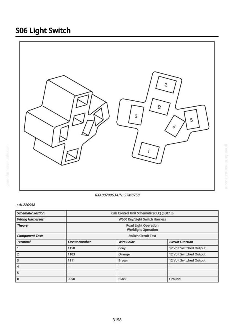 K&ouml;nnte beinhalten: Diagramm eines S06-Lichtschalters mit zwei 3D-Darstellungen und einer Tabelle mit Verdrahtungs- und Schaltkreisinformationen. Das Schema enth&auml;lt Schaltkreisnummern, Kabelfarben und Schaltkreisfunktionen.