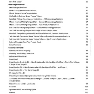 K&ouml;nnte beinhalten: Eine Seite aus einem Handbuch mit einer Liste von Spezifikationen und Informationen, einschlie&szlig;lich Themen wie "Metrische Schrauben- und Drehmomentwerte" und "Dieselmotor-Einlauf&ouml;l". Die Seitenzahl ist 3.