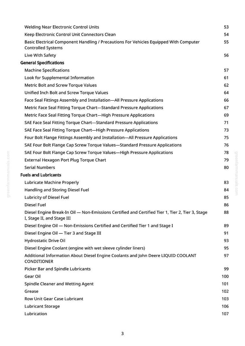 K&ouml;nnte beinhalten: Eine Seite aus einem Handbuch mit einer Liste von Spezifikationen und Informationen, einschlie&szlig;lich Themen wie "Metrische Schrauben- und Drehmomentwerte" und "Dieselmotor-Einlauf&ouml;l". Die Seitenzahl ist 3.