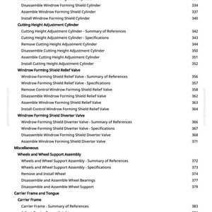 May include: A white page with a detailed table of contents, listing various components and their corresponding page numbers. The document covers topics like Windrow Forming Shield Cylinder, Cutting Height Adjustment Cylinder, and Wheels and Wheel Support Assembly.