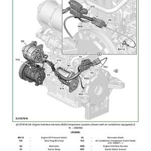 Puede incluir: Diagrama de la ubicaci&oacute;n del componente del arn&eacute;s de interfaz del motor (W20), con etiquetas para varias piezas como el alternador, el motor de arranque y las buj&iacute;as de incandescencia. La imagen incluye una leyenda con los nombres de los componentes y sus etiquetas. Medidas en cm.