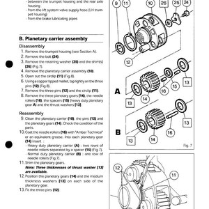 Op de afbeelding: Technische tekening van de achteras van een tractor met trompethuizing, met gedetailleerde illustraties van onderdelen zoals planetaire tandwielen, ringen en pennen. Inclusief instructies voor demontage en montage.