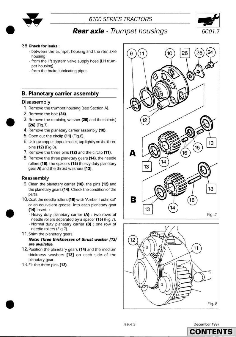 Op de afbeelding: Technische tekening van de achteras van een tractor met trompethuizing, met gedetailleerde illustraties van onderdelen zoals planetaire tandwielen, ringen en pennen. Inclusief instructies voor demontage en montage.