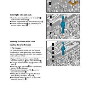 May include: Diagram of engine components with instructions for removing and installing valve springs and stem seals. Includes close-up images of the process, with numbered parts and tools. Text instructions are also included.