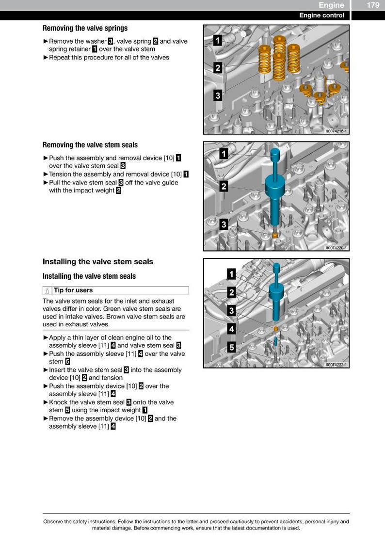 May include: Diagram of engine components with instructions for removing and installing valve springs and stem seals. Includes close-up images of the process, with numbered parts and tools. Text instructions are also included.