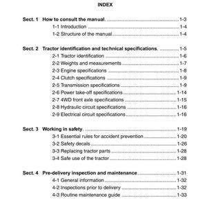 May include: A page from a tractor manual, featuring an index with sections on consulting the manual, tractor specifications, safety, and maintenance. The text is black on a white background.