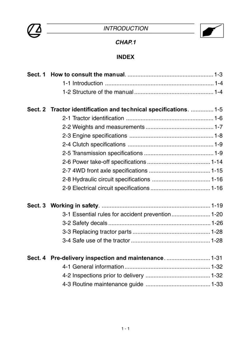 May include: A page from a tractor manual, featuring an index with sections on consulting the manual, tractor specifications, safety, and maintenance. The text is black on a white background.