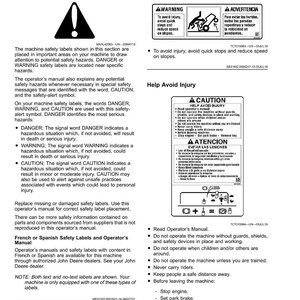 May include: A white document with safety information, including warnings and instructions. The text includes "Safety Labels Text," "Understanding the Machine Safety Labels," and "Avoid Quick Stops." There are also diagrams and safety symbols.
