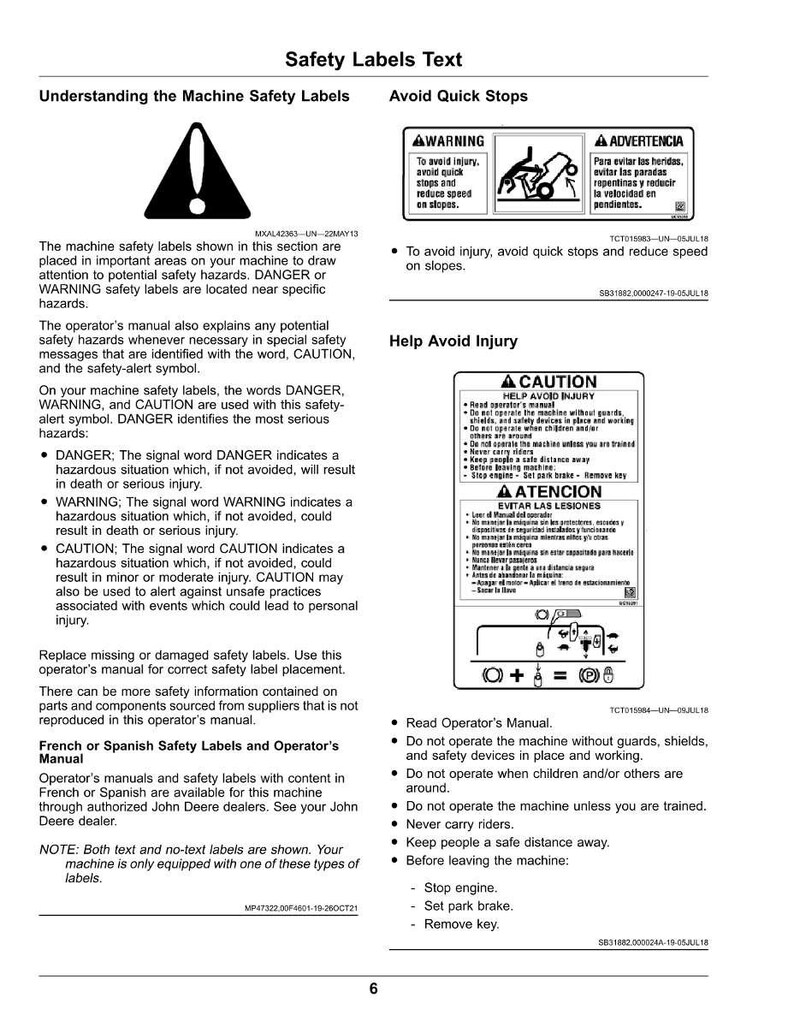 May include: A white document with safety information, including warnings and instructions. The text includes "Safety Labels Text," "Understanding the Machine Safety Labels," and "Avoid Quick Stops." There are also diagrams and safety symbols.