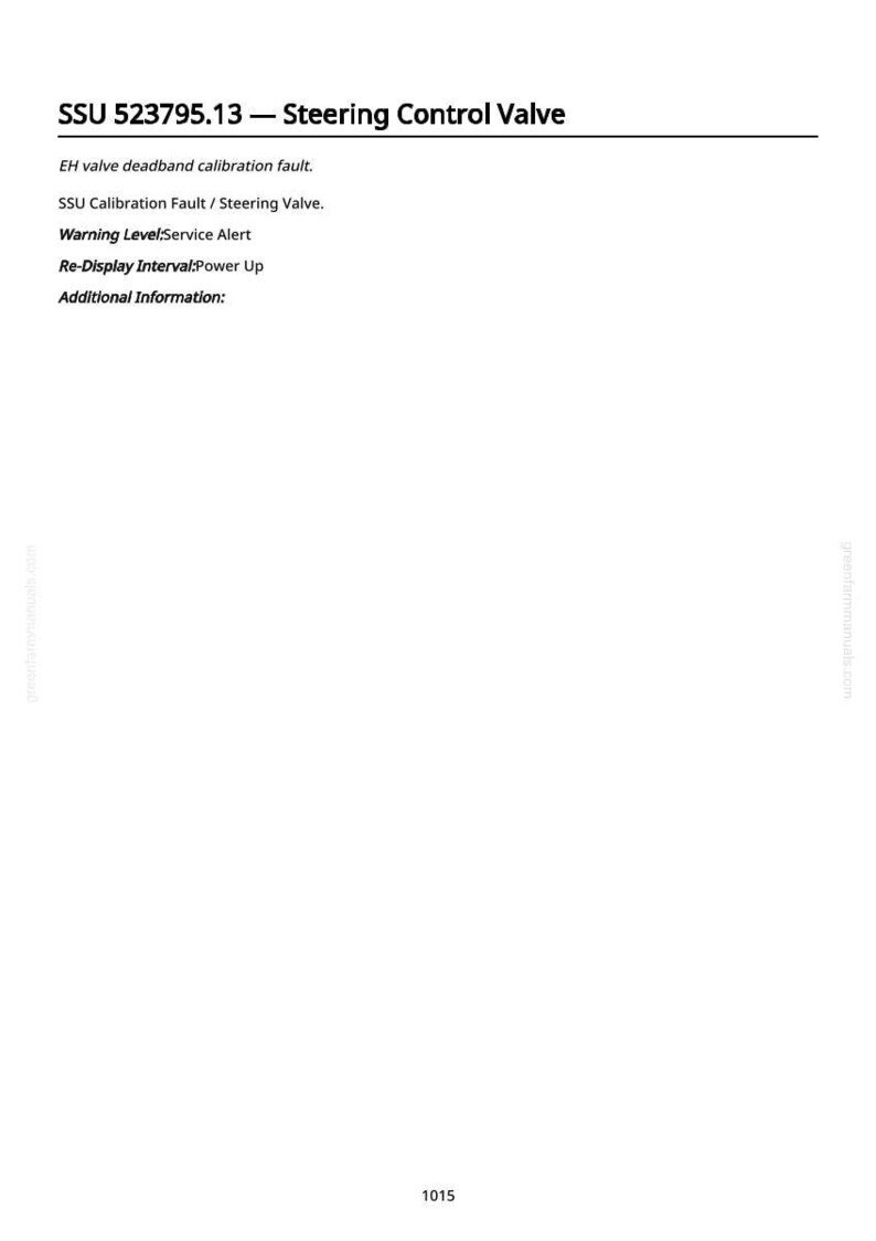 Op de afbeelding: Een witte pagina met de tekst "SSU 523795.13 - Steering Control Valve" bovenaan. Hieronder staan ​​verschillende tekstregels die mogelijke fouten en waarschuwingen met betrekking tot het stuurscherm beschrijven.