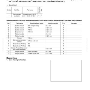 Pode incluir: Diagrama t&eacute;cnico detalhado para remo&ccedil;&atilde;o e instala&ccedil;&atilde;o do conjunto do filtro de ar. Inclui uma lista de ferramentas padr&atilde;o com especifica&ccedil;&otilde;es para chaves de soquete, extens&otilde;es e chaves de torque. O diagrama tamb&eacute;m apresenta uma ferramenta especial e instru&ccedil;&otilde;es.