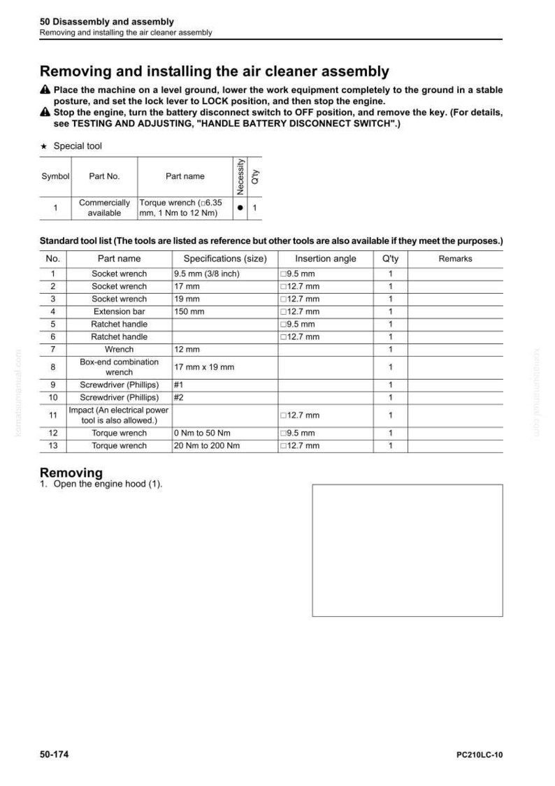 Pode incluir: Diagrama t&eacute;cnico detalhado para remo&ccedil;&atilde;o e instala&ccedil;&atilde;o do conjunto do filtro de ar. Inclui uma lista de ferramentas padr&atilde;o com especifica&ccedil;&otilde;es para chaves de soquete, extens&otilde;es e chaves de torque. O diagrama tamb&eacute;m apresenta uma ferramenta especial e instru&ccedil;&otilde;es.