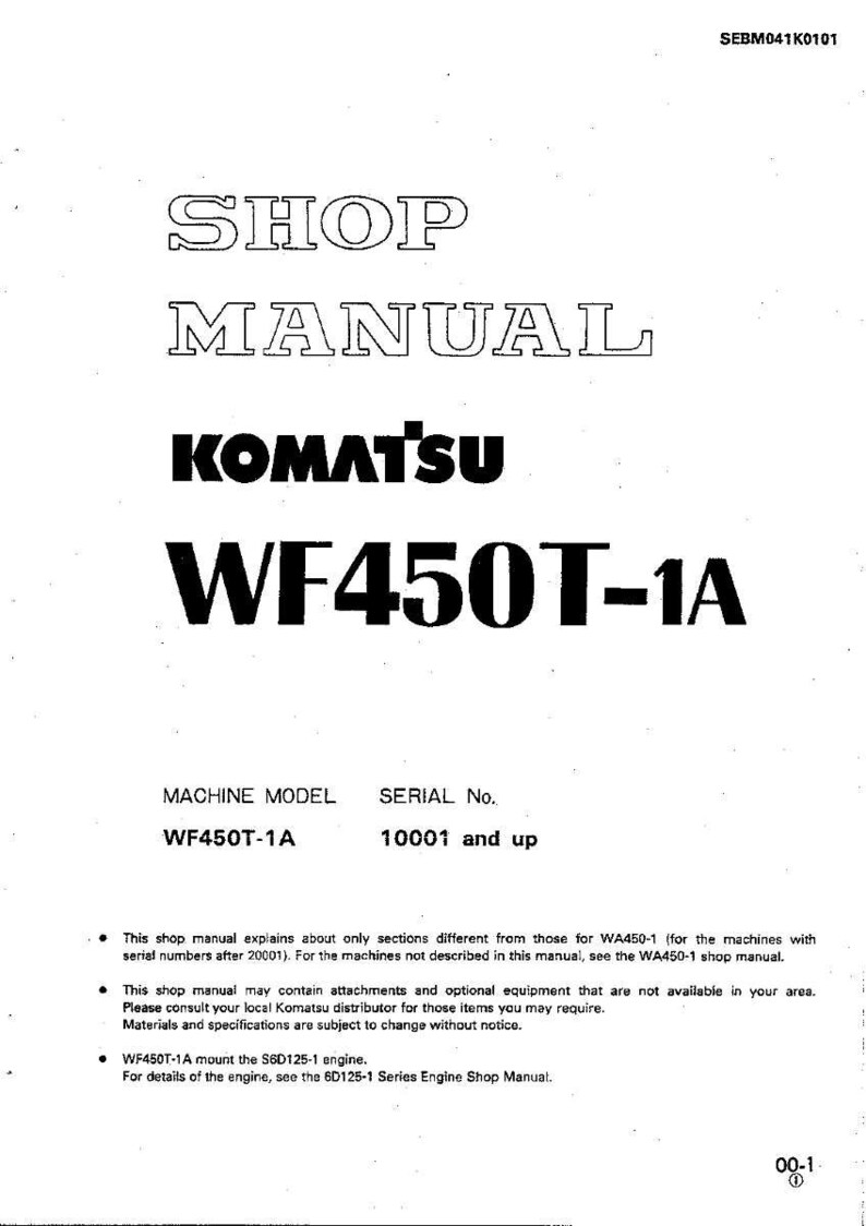 May include: A white shop manual with the title "SHOP MANUAL" and the Komatsu logo. The model number "WF450T-1A" is prominently displayed. Includes machine model and serial number information.