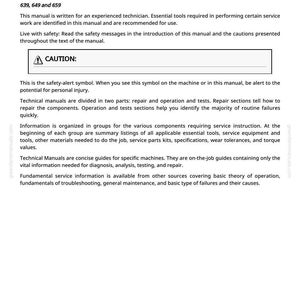 May include: A page from a repair manual with the title "Foreword". The text describes the manual's validity for windrow pickup models 639, 649, and 659, and includes safety warnings and technical information.