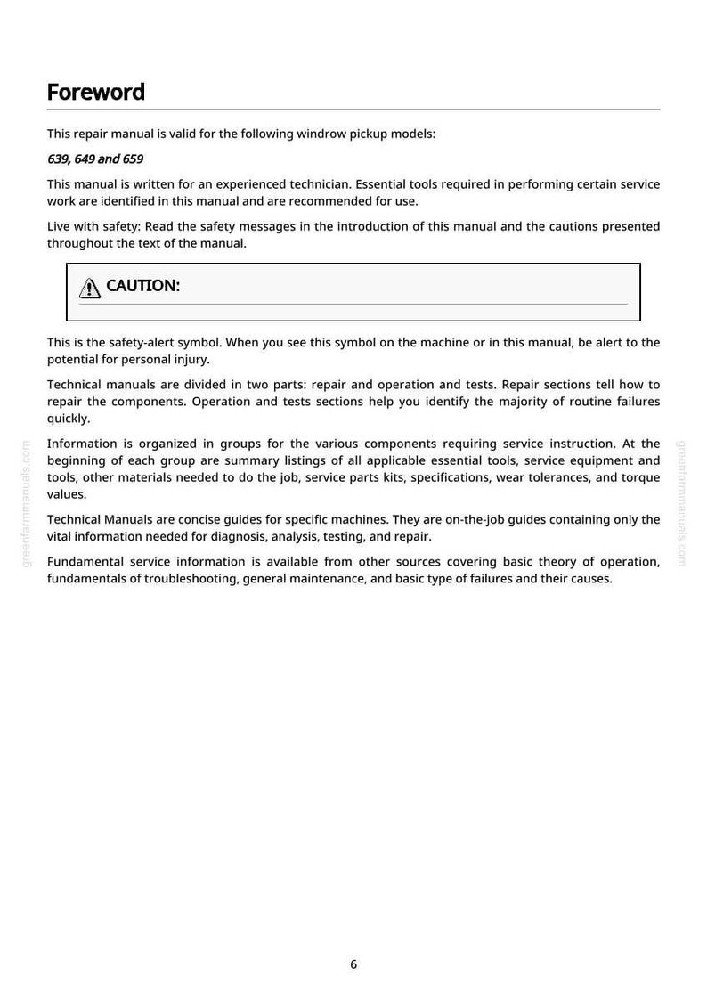 May include: A page from a repair manual with the title "Foreword". The text describes the manual's validity for windrow pickup models 639, 649, and 659, and includes safety warnings and technical information.