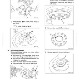 K&ouml;nnte beinhalten: Diagramm zur Demontage und Montage von Maschinenkomponenten. Das Bild zeigt detaillierte Illustrationen von Gelenkbolzen, Haltern und Schrauben, mit Beschriftungen und Messungen in Kilogramm. Textanweisungen begleiten die Diagramme.