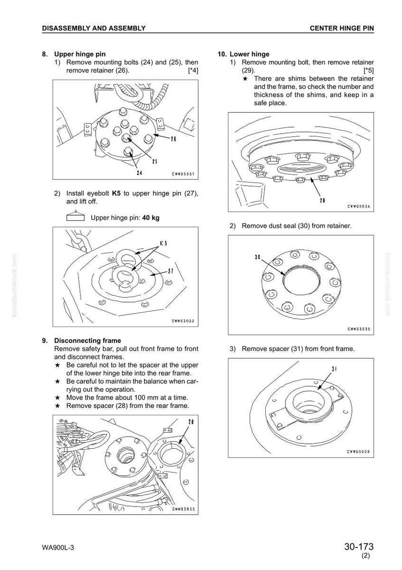 K&ouml;nnte beinhalten: Diagramm zur Demontage und Montage von Maschinenkomponenten. Das Bild zeigt detaillierte Illustrationen von Gelenkbolzen, Haltern und Schrauben, mit Beschriftungen und Messungen in Kilogramm. Textanweisungen begleiten die Diagramme.