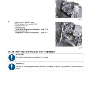 May include: Diagram of a turbocompressor assembly with numbered components and text instructions in French. Includes warnings about removing caps and collecting fluids.