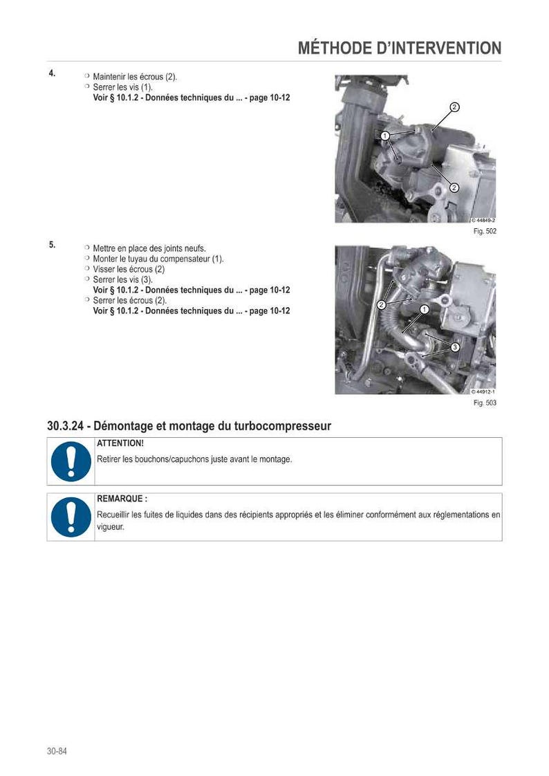 May include: Diagram of a turbocompressor assembly with numbered components and text instructions in French. Includes warnings about removing caps and collecting fluids.