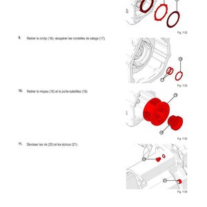 Pu&ograve; includere: Diagramma di componenti automobilistici con il titolo "M&Eacute;THODE D'INTERVENTION". L'immagine mostra varie parti, inclusi elementi circolari rossi, e istruzioni in francese. Le figure 1132, 1133, 1134 e 1135 sono visibili.