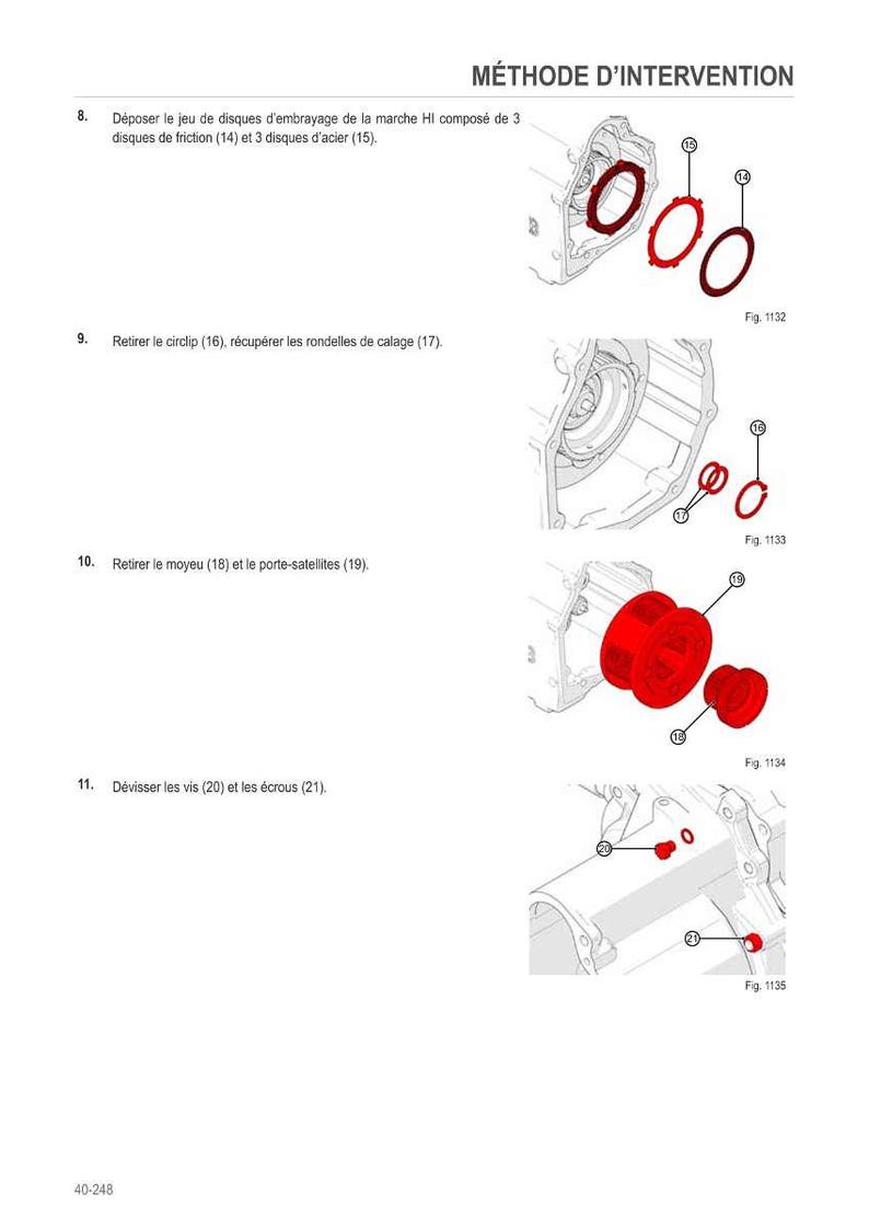 Pu&ograve; includere: Diagramma di componenti automobilistici con il titolo "M&Eacute;THODE D'INTERVENTION". L'immagine mostra varie parti, inclusi elementi circolari rossi, e istruzioni in francese. Le figure 1132, 1133, 1134 e 1135 sono visibili.