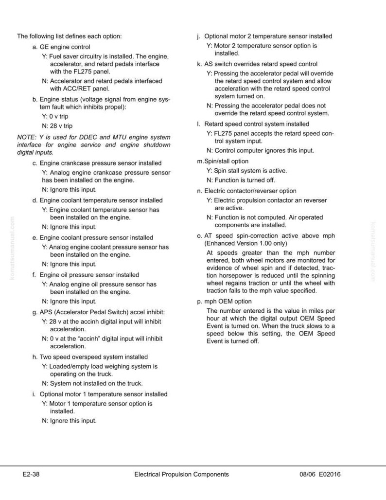 Op de afbeelding: Een technisch document met opties voor elektrische aandrijfcomponenten. De tekst beschrijft motorbediening, sensorinstallaties en systeemfuncties. Het document is gelabeld E2-38 en gedateerd 08/06 E02016.