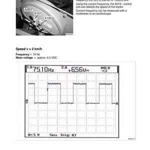 May include: Technical diagram for a Farmer 200V/F tractor. The image includes a control unit diagram, an oscilloscope display showing a waveform, and text detailing frequency and voltage measurements. The diagram is for the front axle suspension.