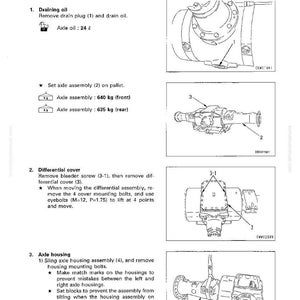 May include: Diagram of axle housing assembly disassembly instructions. Includes illustrations of draining oil, differential cover removal, and axle housing procedures. Text includes measurements in kilograms and liters.