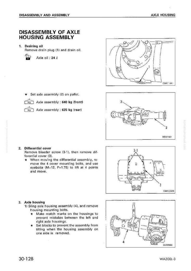 May include: Diagram of axle housing assembly disassembly instructions. Includes illustrations of draining oil, differential cover removal, and axle housing procedures. Text includes measurements in kilograms and liters.