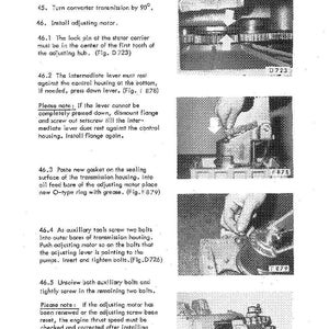 May include: A page from a service manual detailing converter transmission procedures. The text includes instructions for installing an adjusting motor, with accompanying diagrams and figures. The manual is titled "Service Manual" and references G521/G523.