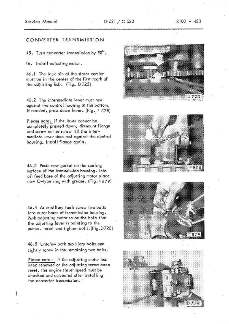 May include: A page from a service manual detailing converter transmission procedures. The text includes instructions for installing an adjusting motor, with accompanying diagrams and figures. The manual is titled "Service Manual" and references G521/G523.